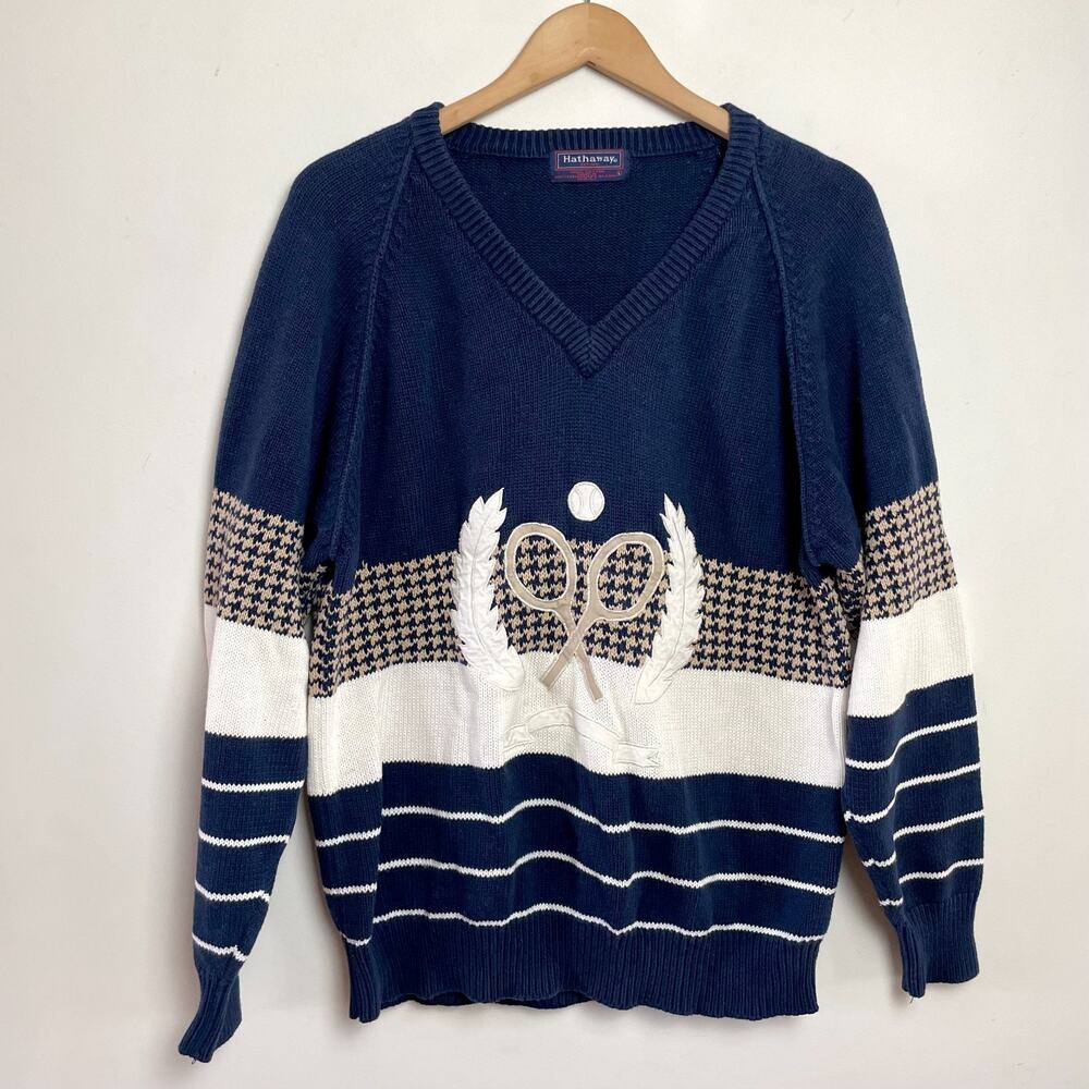Vintage 80s 90s Tennis Sweater Large Retro Sport Country‎ Club Preppy Cotton
